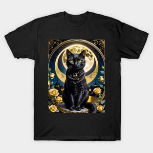 Black Cat and Yellow Roses T-Shirt